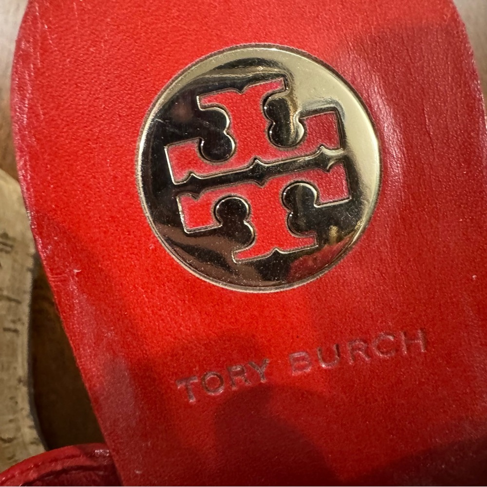 Tory Burch Red Leather Cork Wedge Sandals - Picture 8 of 11